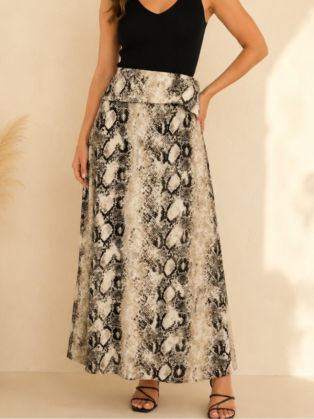 Snake Print Foldover Waist Maxi Skirt | Boho Western Quiet Luxury